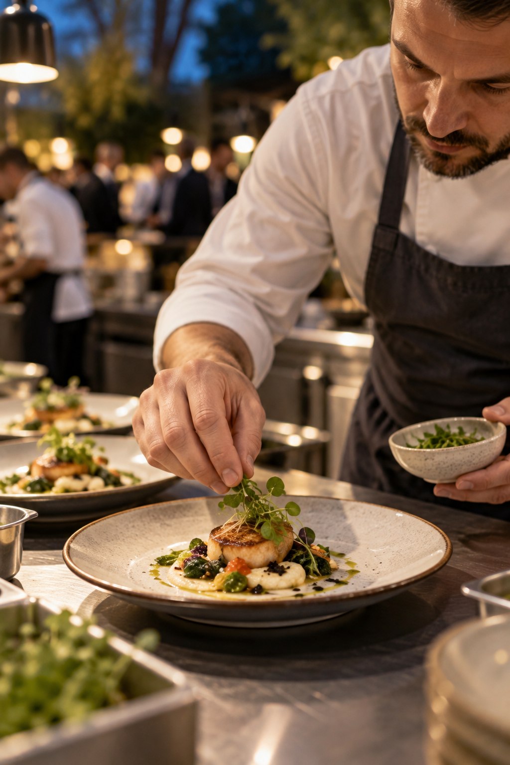 Chef terminando un plato durante un evento